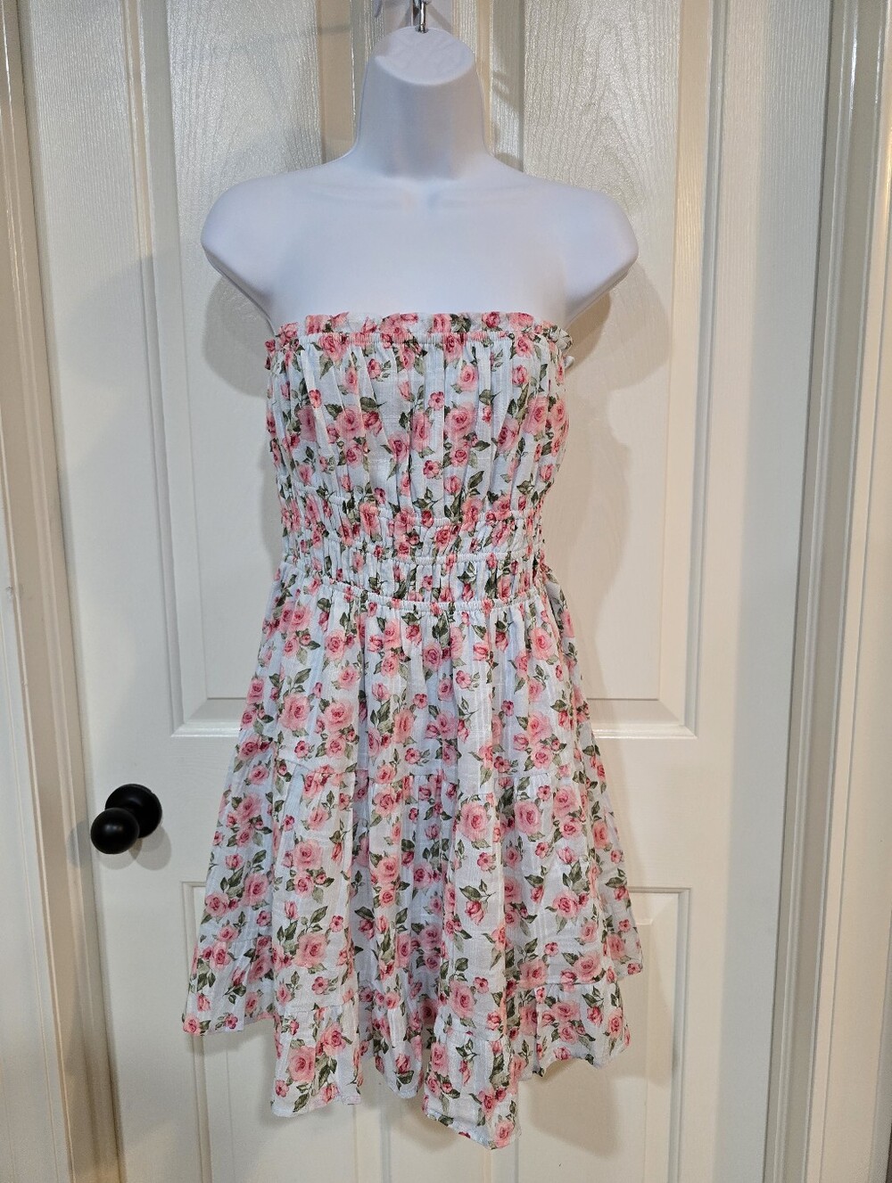 NWT Thirty Thirty LA Light Blue Pink Floral Strapless Mini Dress Size L